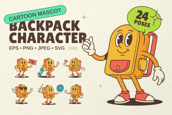 Backpack Cartoon Mascot Character: A Versatile Retro Illustration for Creative Projects
