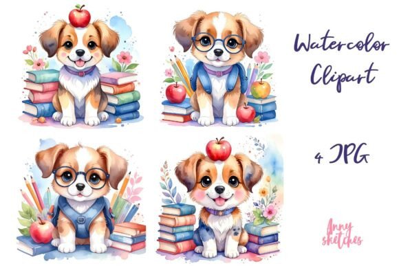 Kawaii Dogs with Apple and Books Clipart