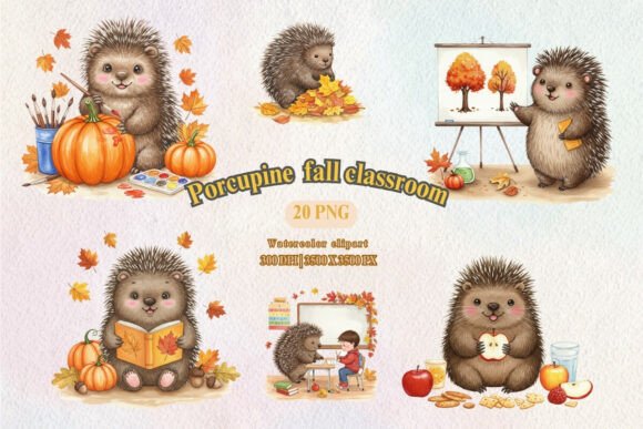 Porcupine Fall Classroom Clipart: A Cozy Autumn Addition to Your Educational Projects