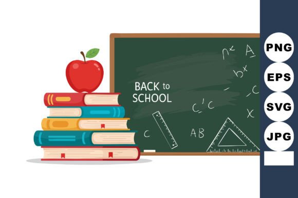 Stack of Books with Red Apple and Chalkb