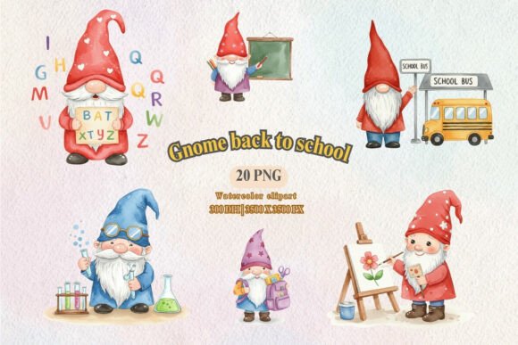 Watercolor School Gnomes PNG