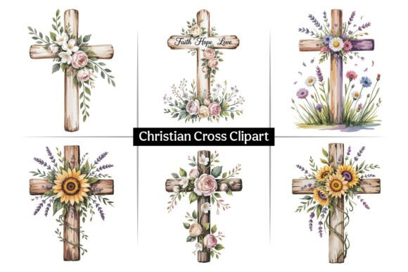 Wooden Cross Flowers Christian Clipart: A Versatile Design Asset for Creative and Commercial Use